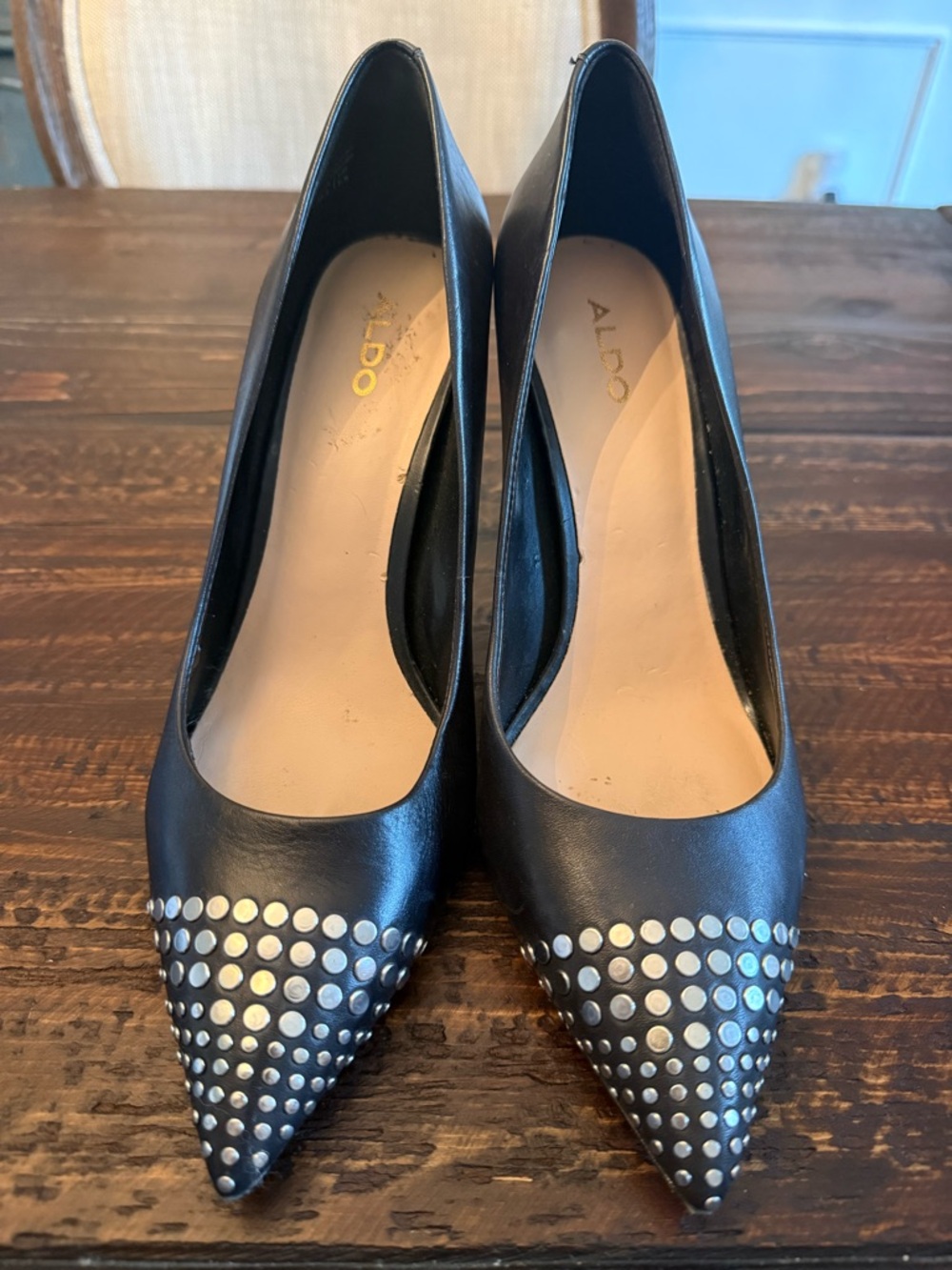 Aldo Black Pointed-Toe Pumps with Silver Stud Accents, size 8